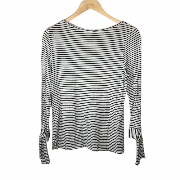 Striped White and Black Long Sleeves Tie Knot Shirt Top Size Medium - Picture 2 of 9